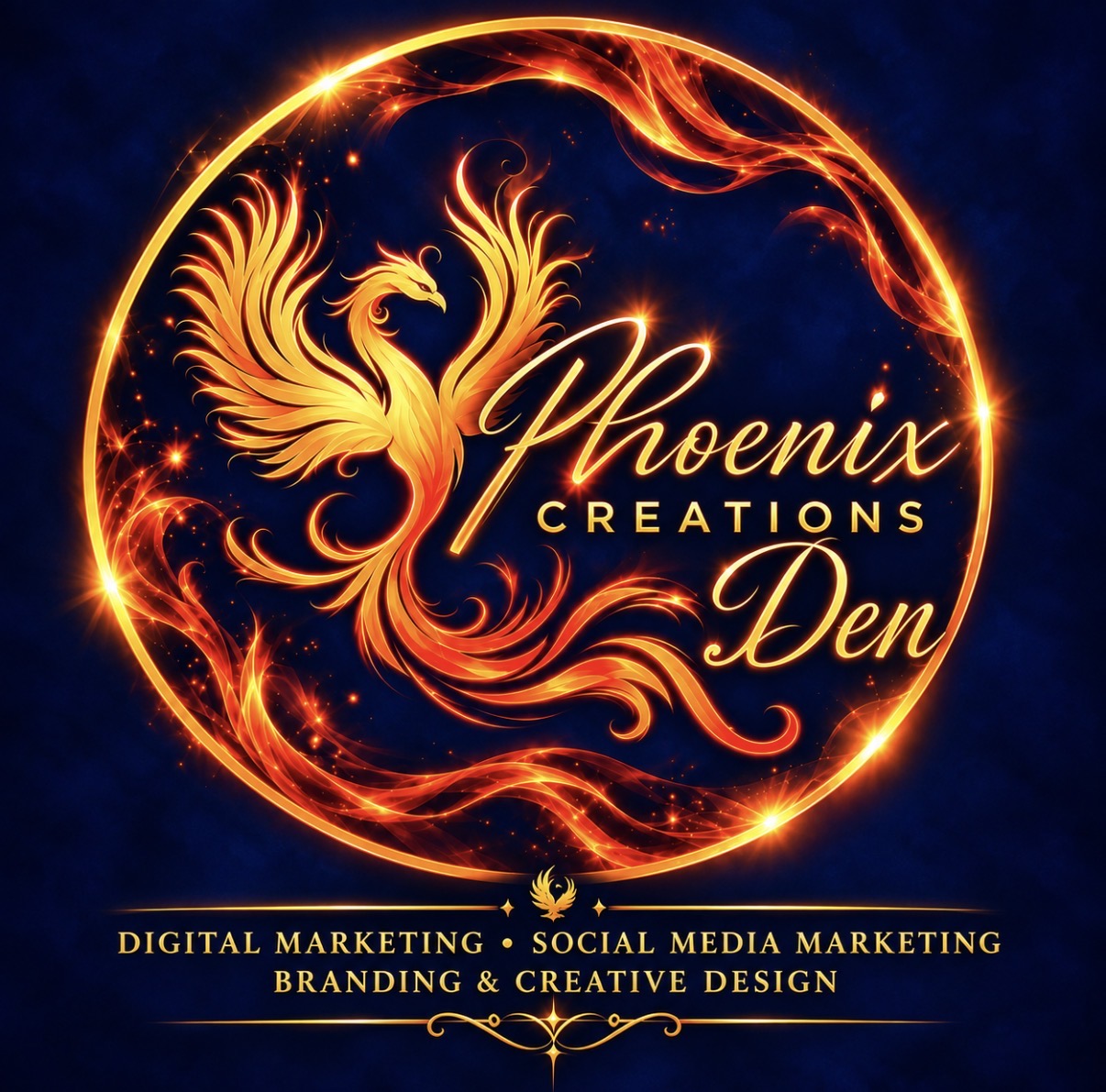 Phoenix Den Creations fiery gold and orange phoenix logo